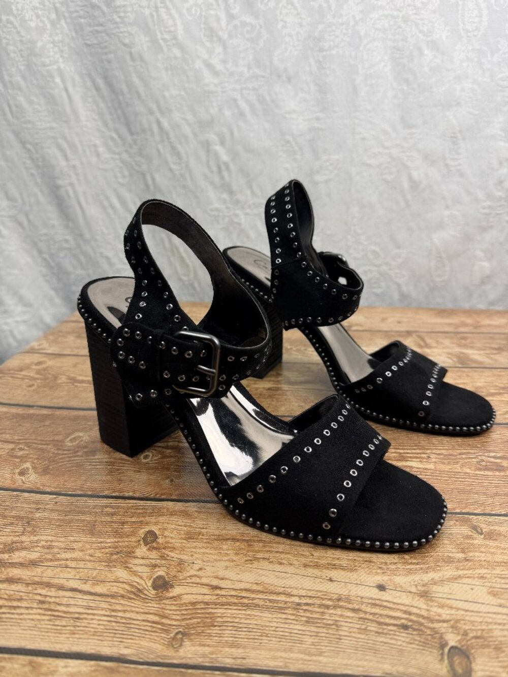 Carlos Santana Black Studded High Block Heel Sandals Ankle Strap Buckle Size 10